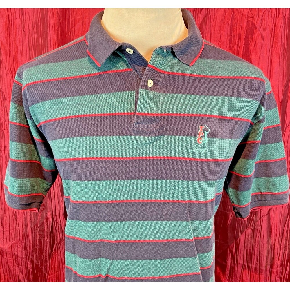 Mens Vntg Izod Club Striped SS Golf Polo Shirt TPC Sawgrass(Fl) Logo sz Lg